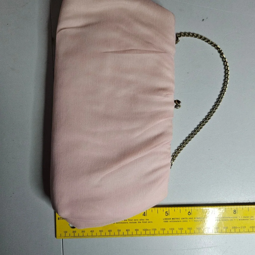 Vintage HL USA Blush Pink Chiffon Evening Clutch Bag Gold Chain Strap Wedding